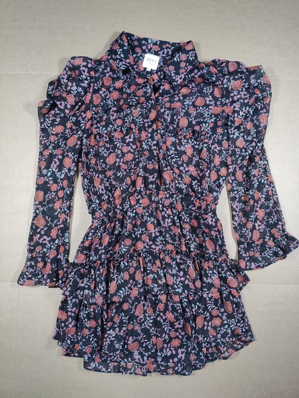 Misa Anika Black Tiered Red Floral Smocked Ruffled Mini Dress Size M Made In USA